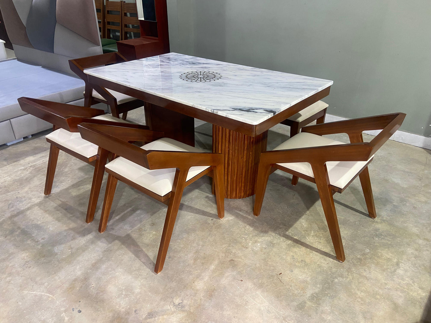 Marble Top 6-Seater Dining Table Set with Bench