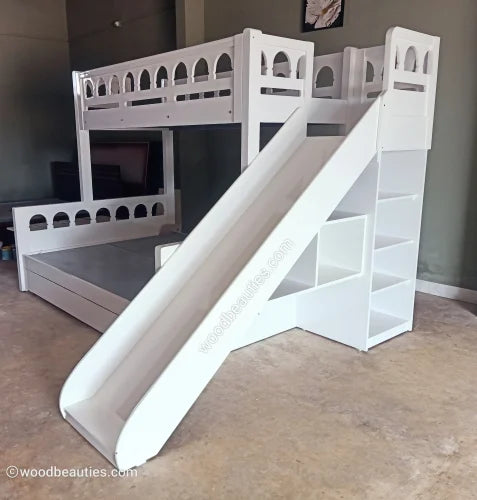 White Bunk Bed with Slider and Storage